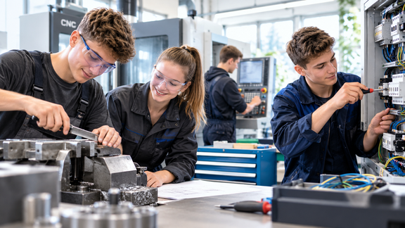 Junge Auszubildende in der Metall- und Elektroindustrie – Ausbildung 2027 in einer modernen Werkstatt